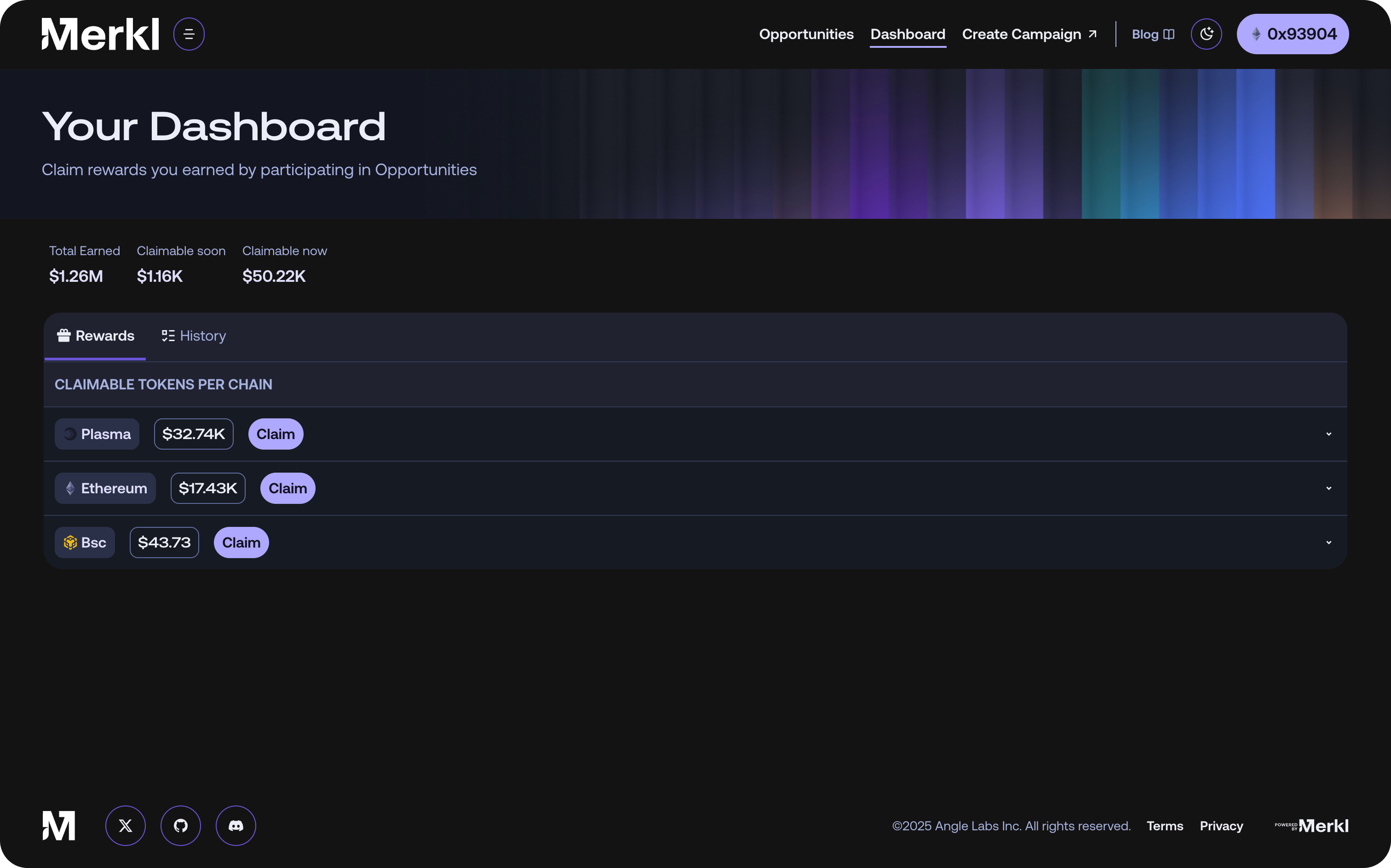 Dashboard page where users can claim their rewards